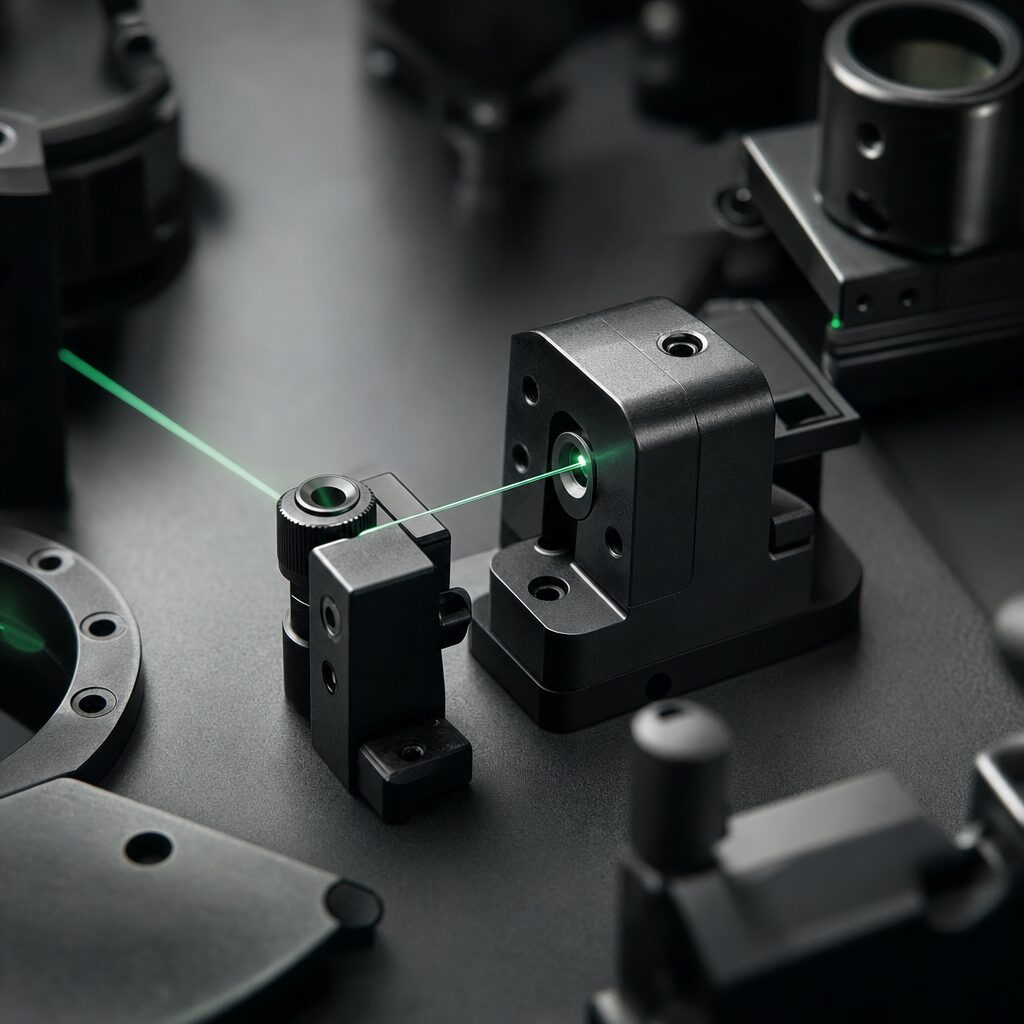 Macro photograph of precision-machined components with an emerald light path threading between them
