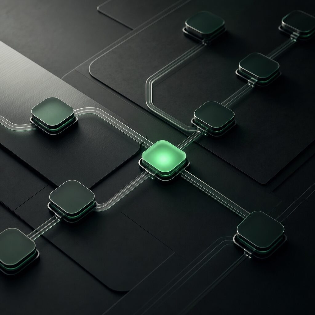 Minimal process-flow visualization with connected emerald nodes in a dark technical environment