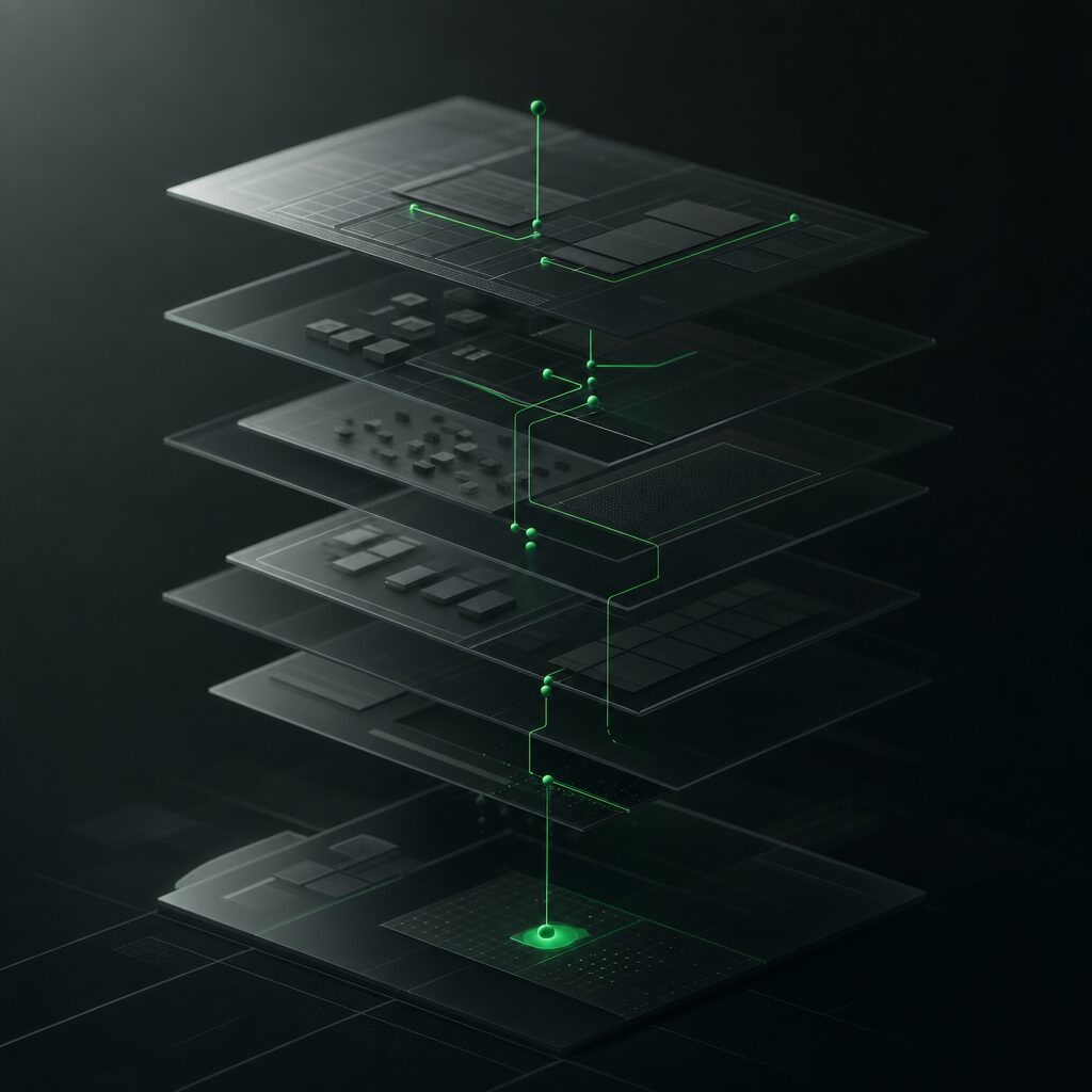 Abstract layered pages with green signal paths rising through a technical grid, representing search indexing